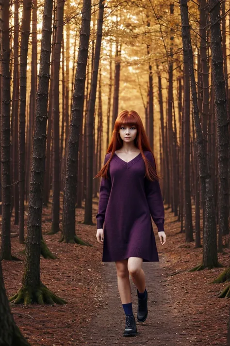 Hyperrealistic image, whole body, anthropomorphic fox girl, dark orange skin completely without white hair, long red hair, fringe, very small black nose, big red eyes, very thin, V-neck burgundy sweater, dark purple A-line dress, walking through a forest o...