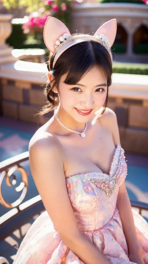 Beautiful woman in a princess dress,Sweet smile,Mickey bow hair accessories,Next to Disneyland Castle