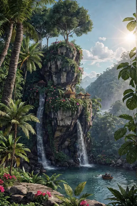 unreal engine 5 render, jungle, river, flowers, animals, extremely detailed, colorful, roses, blue sky, sun