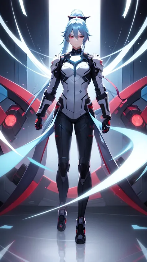 Light blue hair, white background, full body, standing, red eyes, cyber clothes, cool, slanted eyes, ponytail, long hair, facing forward