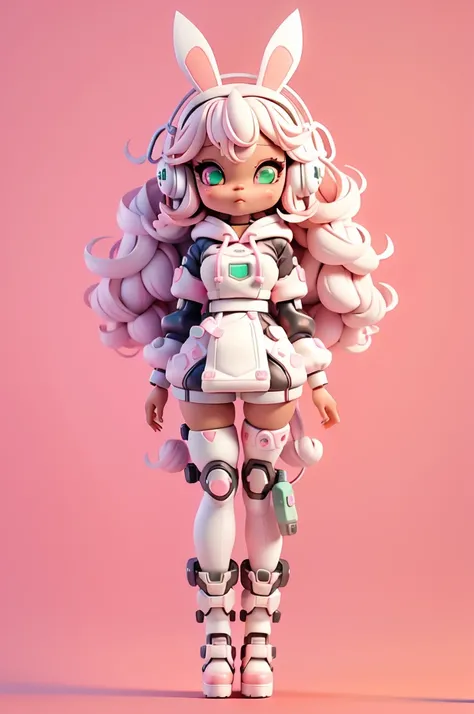  (full body);Create a series of cute black afro dolls chibi style afro skin; cyberpunk style; 3d; cute; 3d toy art; toy art; anime style; glitter; color pink; color white; Bunny details; cyberpunk details; robot limbs; wavy and curly hair; eyes must be lar...