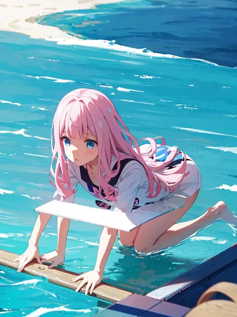 楽しそう、full body shot、semi-long hair、pink hair、pale blue eyes、、swimsuit、pool、medium breast、、whole body、stick out your butt