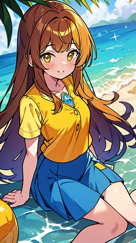 Elena Mori, teenage girl, long tawny hair, wearing a yellow blouse with quarter sleeves, orange cuffs, collar, and buttons, wearing a swirling blue crystal necklace and a yellow tank-top underneath, along with an orange miniskirt and a pair of slip-on oran...