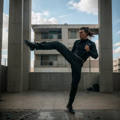 a man, detailed face, dystopian clothes, performing a roundhouse kick, air distortion effect, gusts of wind, hand blocking kick, abandoned apartment, (best quality,8k,highres,masterpiece:1.2),ultra-detailed,(realistic,photorealistic,photo-realistic:1.37),c...