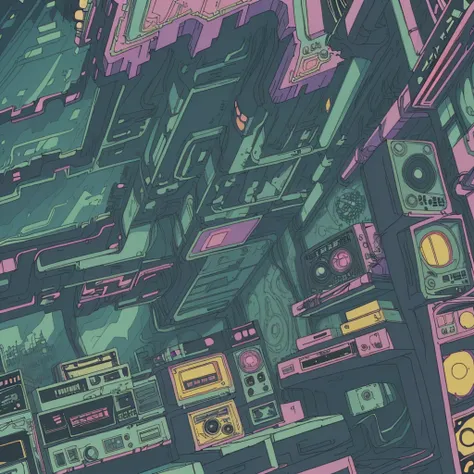  Super detailed, Retro Wave, cyber punk, Sad mood, night light through the window, night vibes, room, 2D, (Long Shot), Wide Shot, (film noise), Old cartoons, (Lots of records:1.3), (masterpiece, Highest quality, Highest quality, Official Art, beautifully、a...