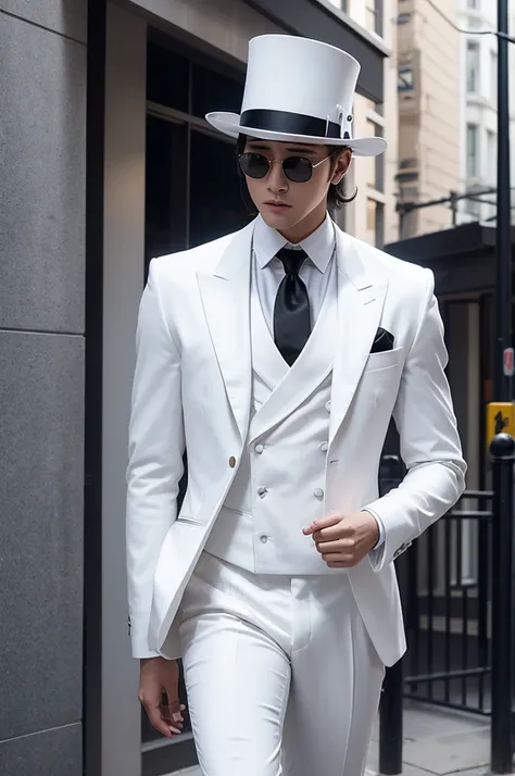 Exu blocks the street dressed in a white suit, white tie and white top hat