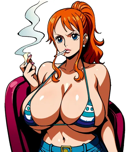 a cartoon picture of a woman in a bikini top and jeans, nami one piece, nami from one piece, nami, beautiful portrait of nami, from one piece, oppai, blue eyes, smoking, ponytail