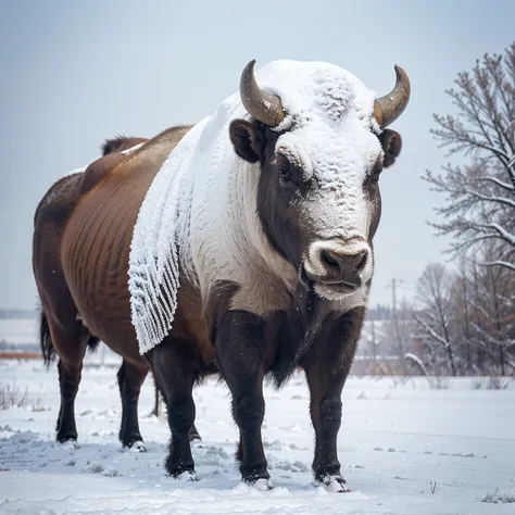 A buffalo is walking through the snow, covered entirely in frost. It looks surreal and mysterious.