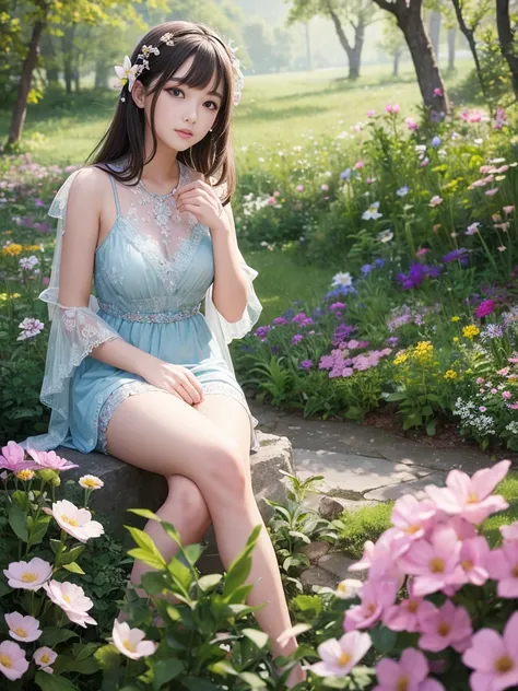 masterpice, (best quality), ((best detailed)), depth of field, a beautiful girl, beautiful face, nature, spirit, blossom, colorful landscape, flowers, butterflys, glowing dress, elements