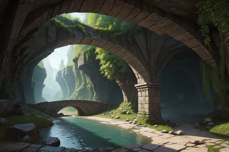  an underground bridge carved into the stones (digital art, fantasy art, RPG art)