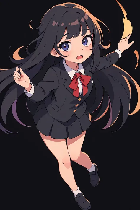 a cut girl with long hair, wearing school uniform, full-body, black background, clean background, full body shot:1.2, Detailed face, detailed eyes, detailed nose, detailed mouth,((UHD,masterpiece,super detail,award winning:1.4,best quality:1.2,highres,high...