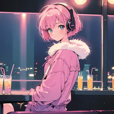 masterpiece, City Pop Style, Pink Hair, fluffy bob cut, Wearing headphones, Shoulder length, alone, Futuristic, still, praise, Retro, Vintage, Ghost, A light smile, 
Drinking cocktails at a jazz bar, (( Wide Shot)), ((Wet day)),4K,lazz,90s