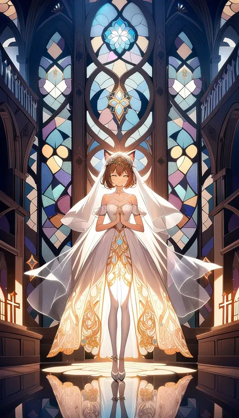 1girl ,20s,brown hair,short hair,white high heels,white pantyhose,cat ears,church, stained glass, in a glowing dress, fantastical, illuminated, serene, majestic, colorful, reflective, ethereal, spiritual, tranquil, vibrant, intricate, patterned, ornate, my...