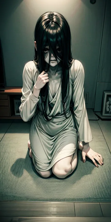 sadako, soaking, wet robe, gray colored skin, hair covers the face, sexy for.sadako crawled out of the tv，a woman lying on the f...