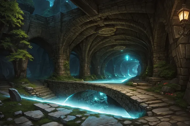  a subterranean bridge carved into the stones (digital art, fantasy art, RPG art)