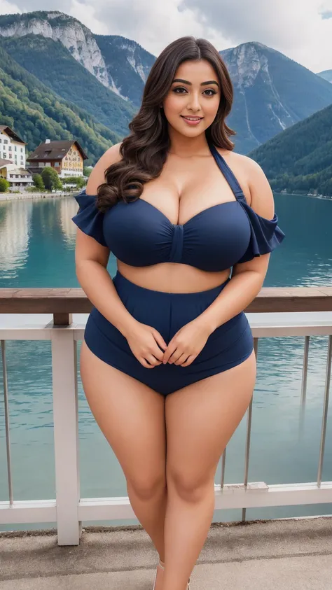 monali thakur Indian beautiful actress curvy plus size hour glass bulky huge figure woman, closeup camera view, big huge m-cup breast, wearing SHEIN Swim Vcay Women Summer Beach Vacation Halter Neck Simple And Fashionable Bikini Set

Color: Navy Blue , cov...