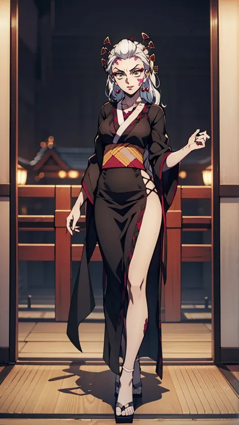 One Demon Girl, looks at the camera, Portrait of a girl, Beautiful waist, night, ancient japan, very sexy, grin, fangs обножены,  mouth open, fangs, smile, White hair, erotica, very sexy, beautiful body is completely visible, masterpiece, Best quality, ful...