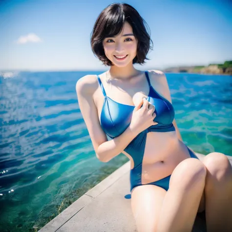 (8K, Original photo, Highest quality, masterpiece: 1.45)、（Very delicate）、（Only 1 person：1.3）、（Japanese Idol：1.5）、（Surreal：1.5）、Nogizaka Idol、Sexual pose、Leg spread、Shortcuts、Sexy Swimsuit、Big eyes、Beautiful double eyes、Long eyelashes、smile、Shortcuts、Seasca...