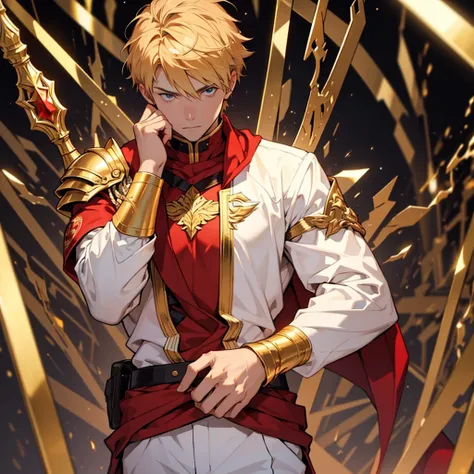 The short golden haired hero with the power to have any power he wants, adolescent, white clothes, red and gold. slim and beautiful