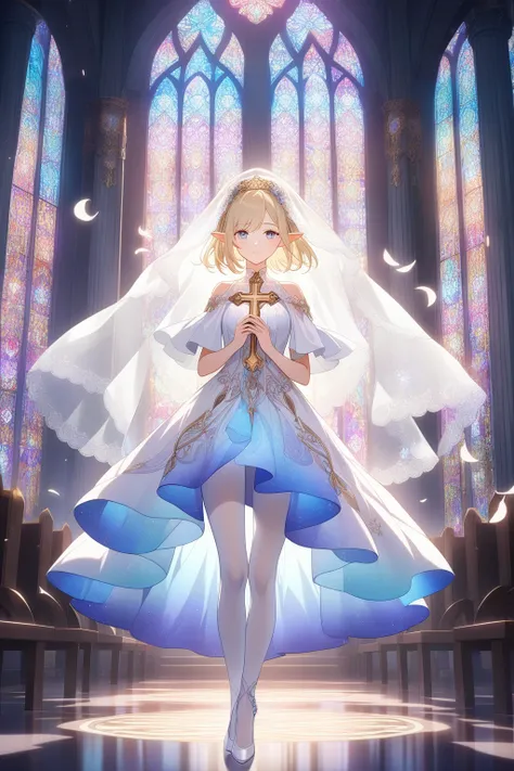 1girl ,20s,light blonde hair,short hair,white high heels,white pantyhose,pointy ears,church, stained glass, in a glowing dress, fantastical, illuminated, serene, majestic, colorful, reflective, ethereal, spiritual, tranquil, vibrant, intricate, patterned, ...