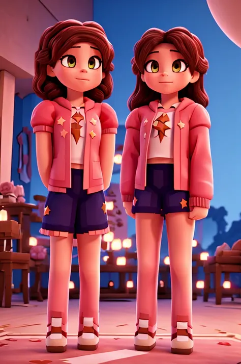 two girls together animated , a star in the back with a sunset behind, roses around and a starpixel studio sign