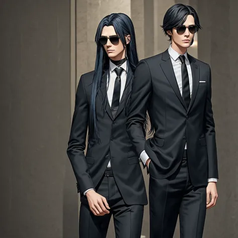 a tall skinny boy with very long dark blue hair, wearing a black suit, black choker, orange round sunglasses, 8k, high quality, ...