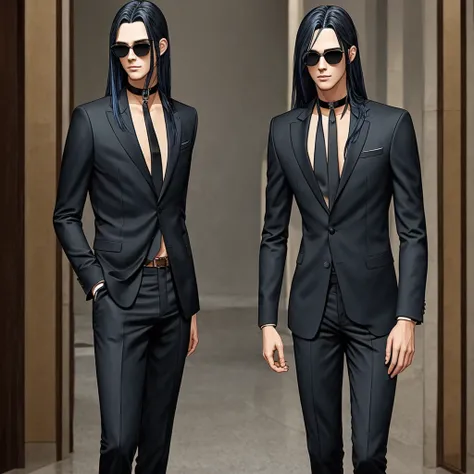 a tall skinny boy with very long dark blue hair, wearing a black suit, black choker, orange round sunglasses, 8k, high quality, ...