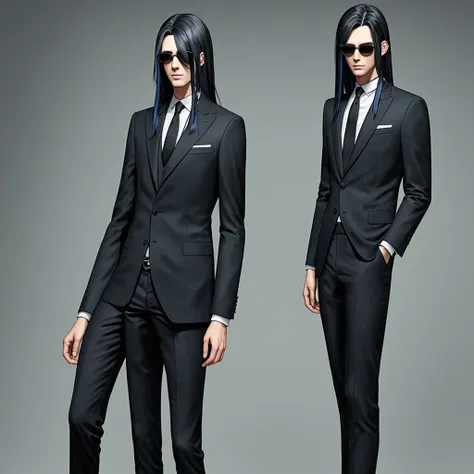 a tall skinny boy with very long dark blue hair, wearing a black suit, black choker, orange round sunglasses, 8k, high quality, ...