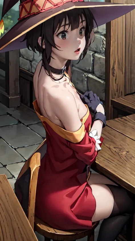 artgerm, table, best quality, extremely detailed, table, best quality, megumin, 1 girl in, bare shoulders, nude, sex pose, elast...