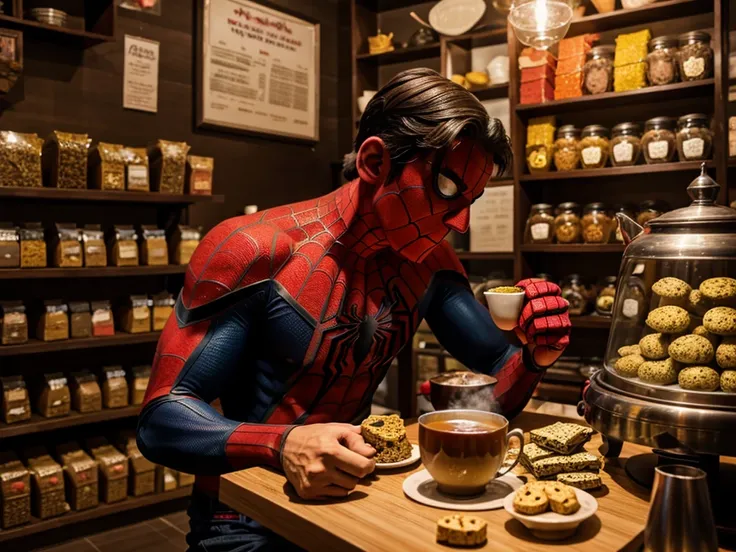 Spider-man eating tea and snacks in local India tea shop