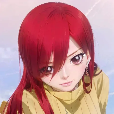 anime girl with red hair and a yellow shirt, erza scarlet as a real person, anime girl named lucy, she has red hair, anime style...