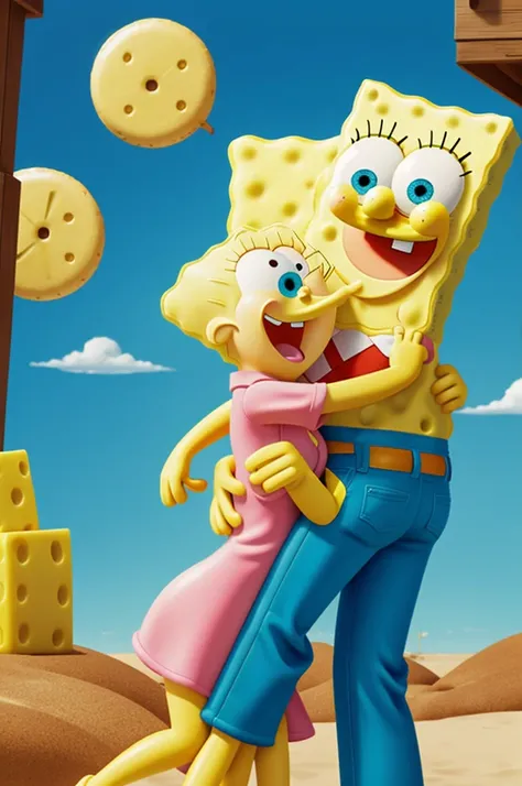 Spongebob hugging sandy and a girl is looking at them sad