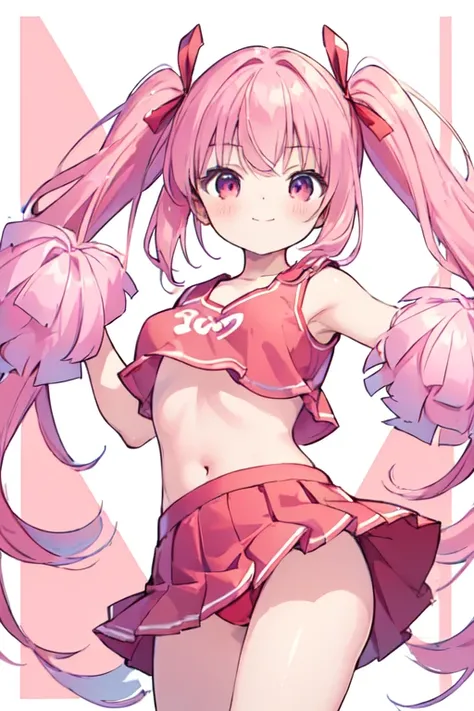 (best quality, masterpiece:1.2), illustrations, a cute girl, cute face, kawaii, early teens,
 1 girl, 14 year old, (cute),
 twintails, pink hair, 
 pink eye,
 small breasts, 
 cheerleader, red crop top, red sleeveless shirt, midriff, red miniskirt, red ple...