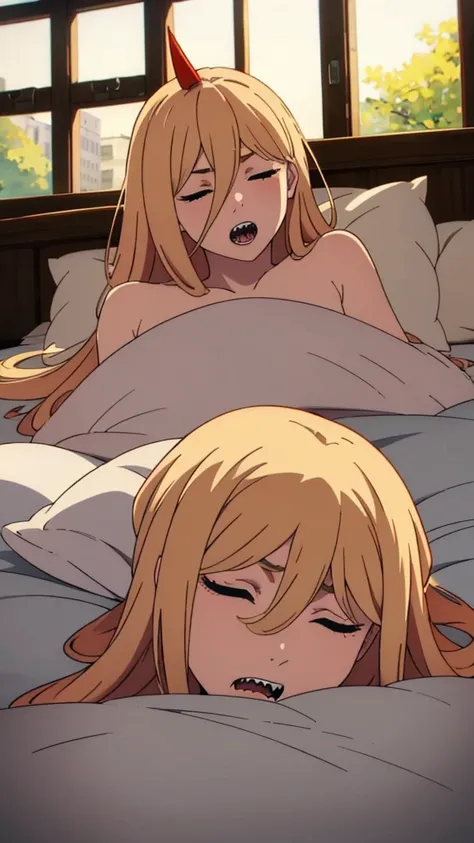 masterpiece, detailed, (power:1.2), blonde hair, horns, hair between eyes, closed eyes, open mouth, sharp teeth, (laying on a bed, no clothes on, sleep), warm sunlight from windows