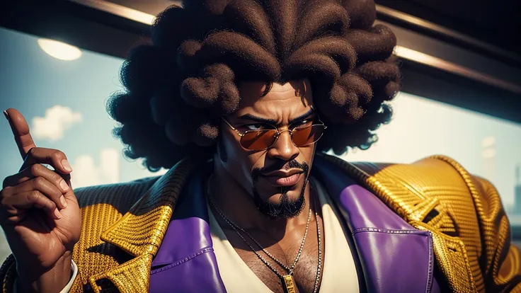 1970's pimp named "mr lickity split", he has a goatee and an afro, he is wearing 1970s attire, cinematic action, masterpiece, su...