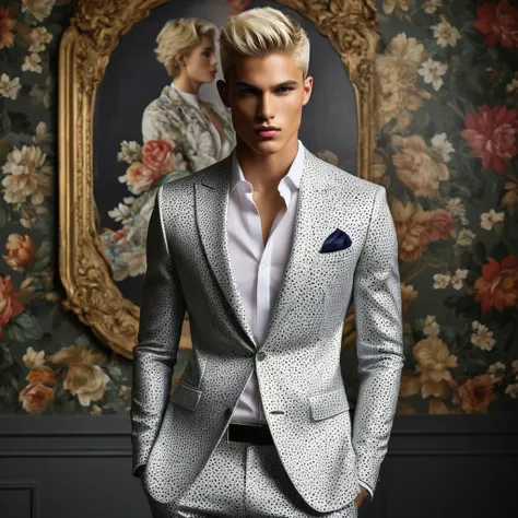 candid vogue fashion editorial shot of 2man mixed of male supermodel, 22 year old, short platinum blonde hair, masculine appeara...