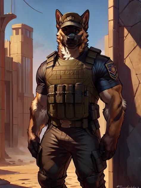 furry, anthro, black german shepherd:1.5, solo, average male, standing outside a prison:1.2, he is using a cap a bulletproof ves...