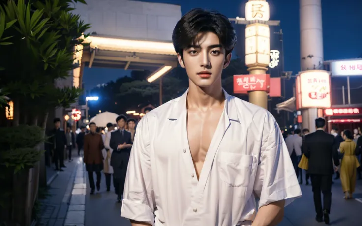 alafid (arafed) asian man in white shirt standing on city sidewalk at night, 真人stills, kim do-young, young fair angel, live-acti...