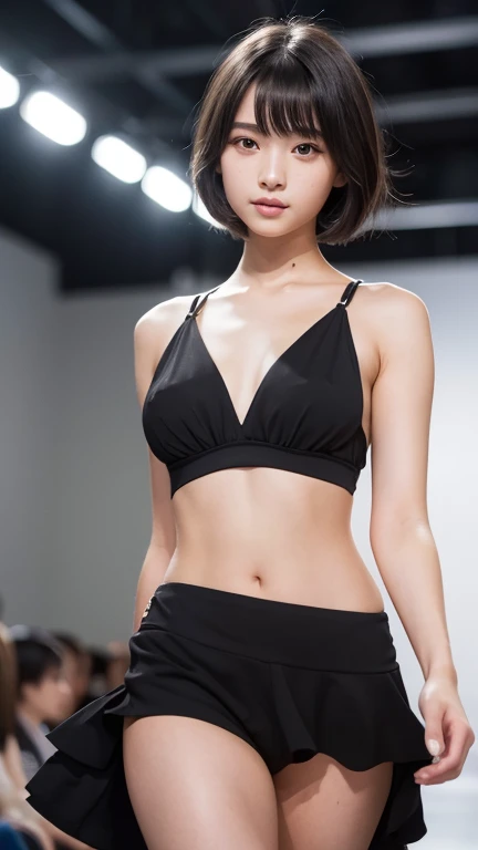 Girl walking down the runway at a fashion show, Belly button, Sensational fashion, (High resolution:1.3), (16K, Realistic, RAW Photos, Best image quality: 1.4), Japanese, (One Girl), Beautiful Face, (A vivid face), (Black-haired、short hair:1.3), Beautiful ...