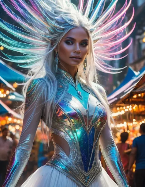 A stunning, ethereal female alien, with iridescent blue skin and long, flowing silver hair, descends from the sky in a burst of glittering, rainbow-colored sparks. She wears a flowing white gown adorned with intricate, glowing patterns that shimmer in harm...