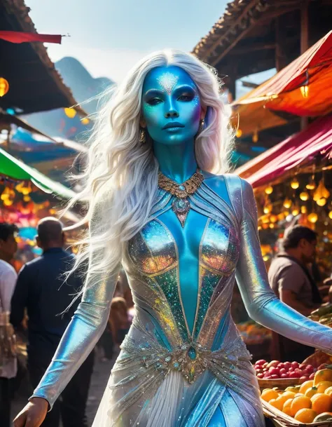 A stunning, ethereal female alien, with iridescent blue skin and long, flowing silver hair, descends from the sky in a burst of glittering, rainbow-colored sparks. She wears a flowing white gown adorned with intricate, glowing patterns that shimmer in harm...