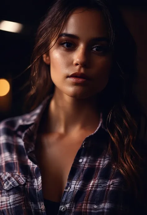 ohwx woman,((portrait, open flannel shirt , cleavage, medium brests, black pants)), gym, ((detailed skin texture,dark night, midnight)), ((sharp face, detailed face, realistic face, natural skin, realistic skin, detailed skin, pores, detailed eyes,realisti...