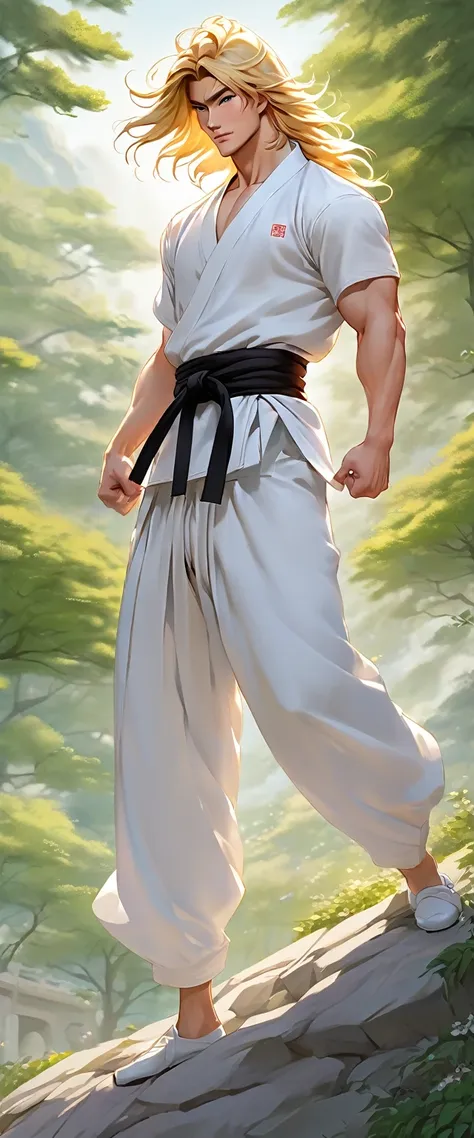 Character anime man standing in a park in nature: At the heart of a calm, white-based environment、A lively young cartoon man standing in an impressive pose、Its strength radiates through the lines and contours of its muscular form.。Long golden hair flutteri...