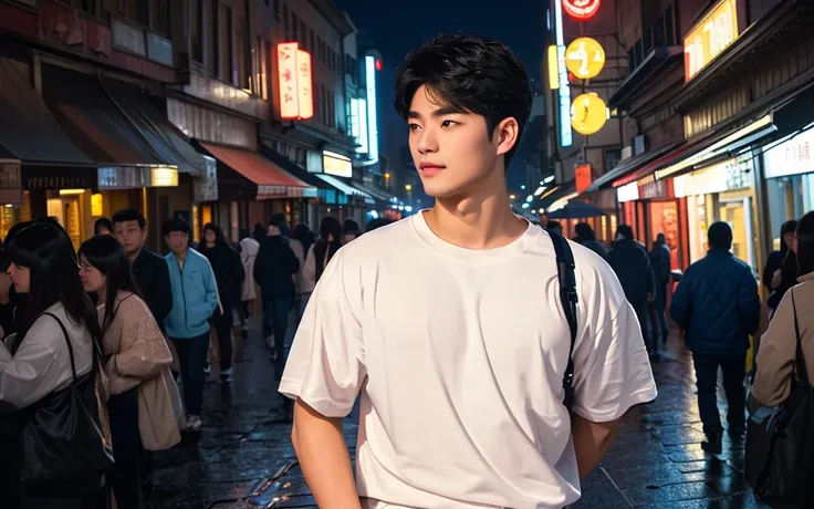 In the midst of a city at night, a young Chinese boy stands on a cobblestone street, illuminated by the soft glow of streetlights and neon signs. The sky above is a deep blue, dotted with twinkling stars, casting a serene and magical atmosphere over the sc...