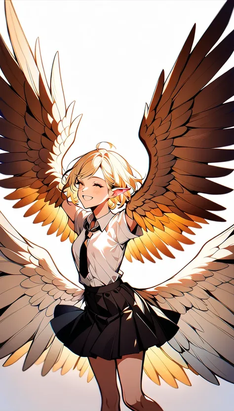 1girl,20s,happy,white shirt,black standard tie,short sleeves,black school skirt,short hair,light blonde hair,pointy ears,harpy w...