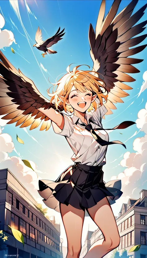 1girl,20s,happy,white shirt,black standard tie,short sleeves,black school skirt,short hair,light blonde hair,pointy ears,harpy w...