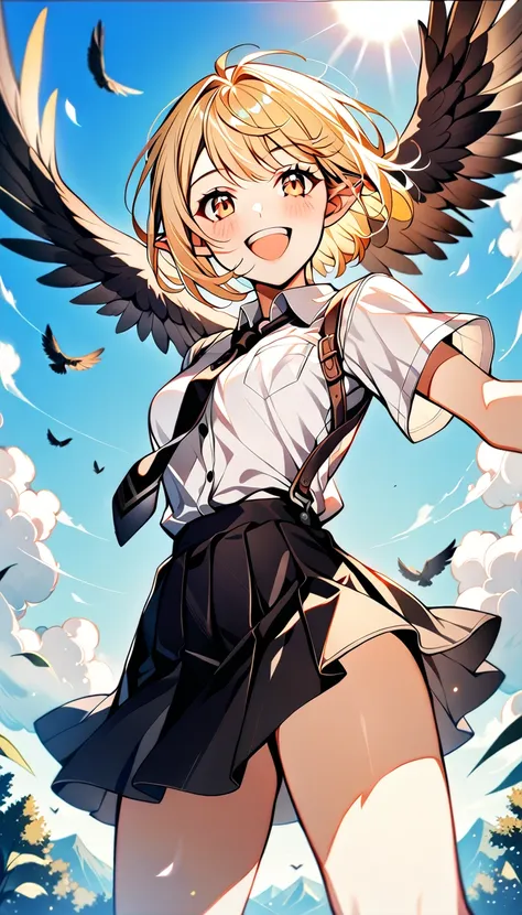 1girl,20s,happy,white shirt,black standard tie,short sleeves,black school skirt,short hair,light blonde hair,pointy ears,harpy w...