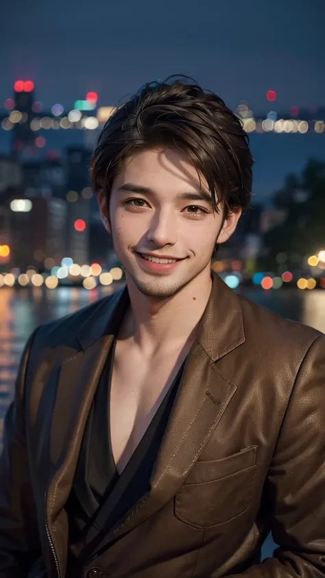 Highest quality, masterpiece, Ultra-high resolution, (Realistic:1.4), RAW Photos, Young and handsome men, Brown Hair, (Night city background:1.2), smile