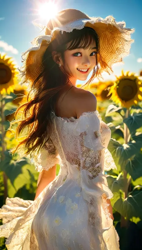 fuwa aika,1girl,solo, (white lace dress:1.2),flowing dress (sun visor hat:1.2), sunflower field, under the sunlight, light smile...