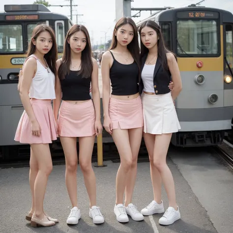 In front of camera 2 females 12 years old young pretty skinny body Pretty teens model 13 years old teens model upskirt, upskirting longs legs . there is a train that is stopped at the station for passengers, trams, street tram, tram, trams) ) ), sidewalks,...